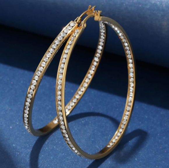 Big Clear Rhinestone Gold Hoop Earrings Sparkle Channel Hoops CZ Crystals New - Picture 3 of 5